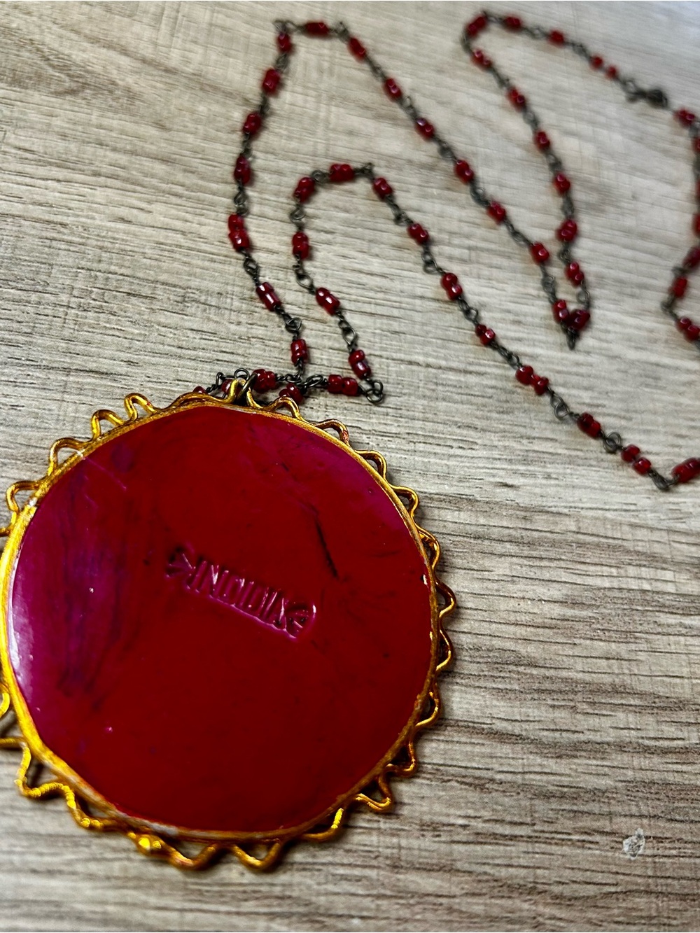 Vintage 70s Indian Clay, Mosaic Bead & Mirror Medallion Pendant Made in India - Picture 7 of 7